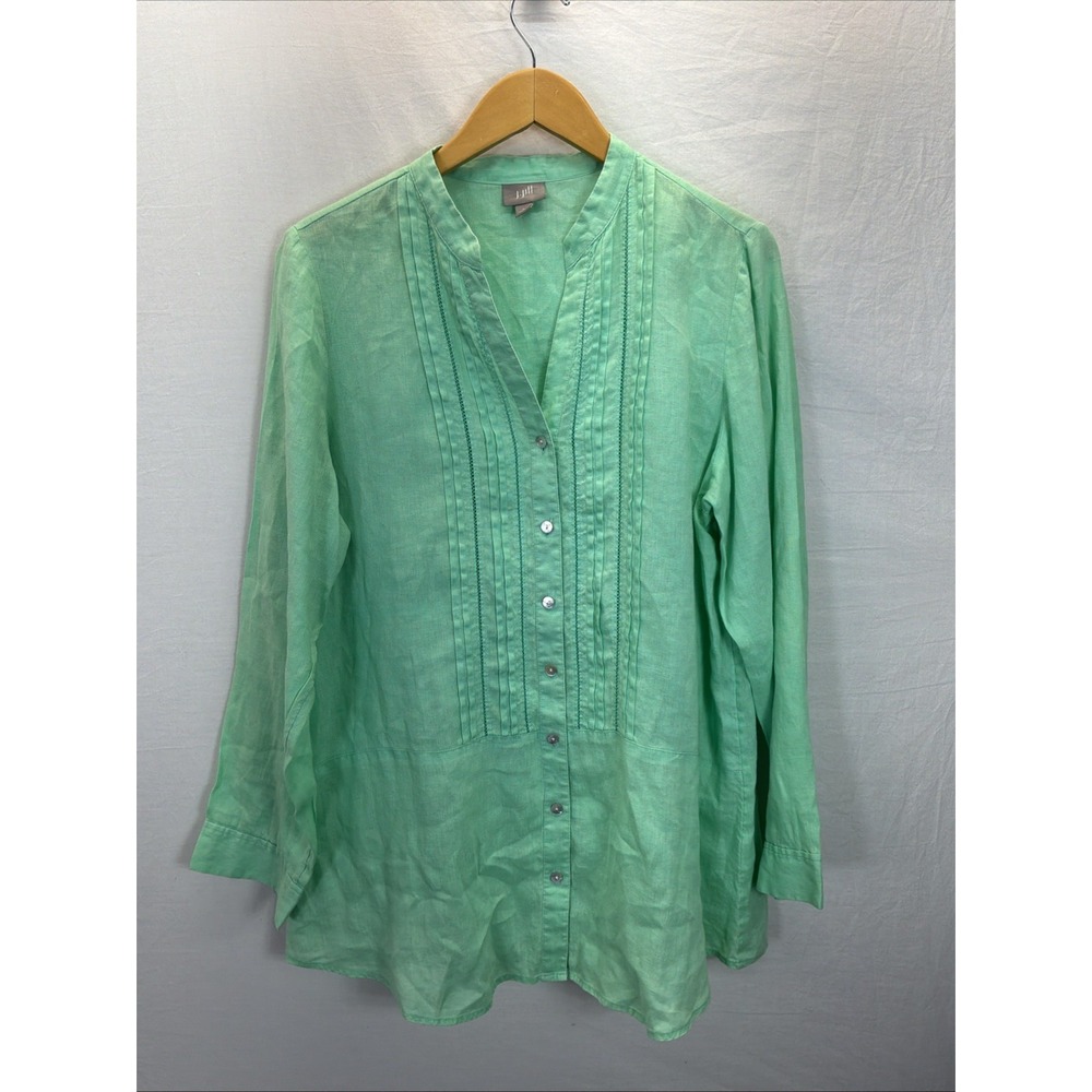 J.Jill Linen Pintuck Top Women's Mint Green Long Sleeve Button Down Sz L Travel